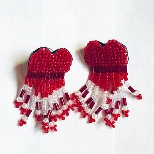 Artisan Red Heart Shaped Fringed Seed Bead Earrings